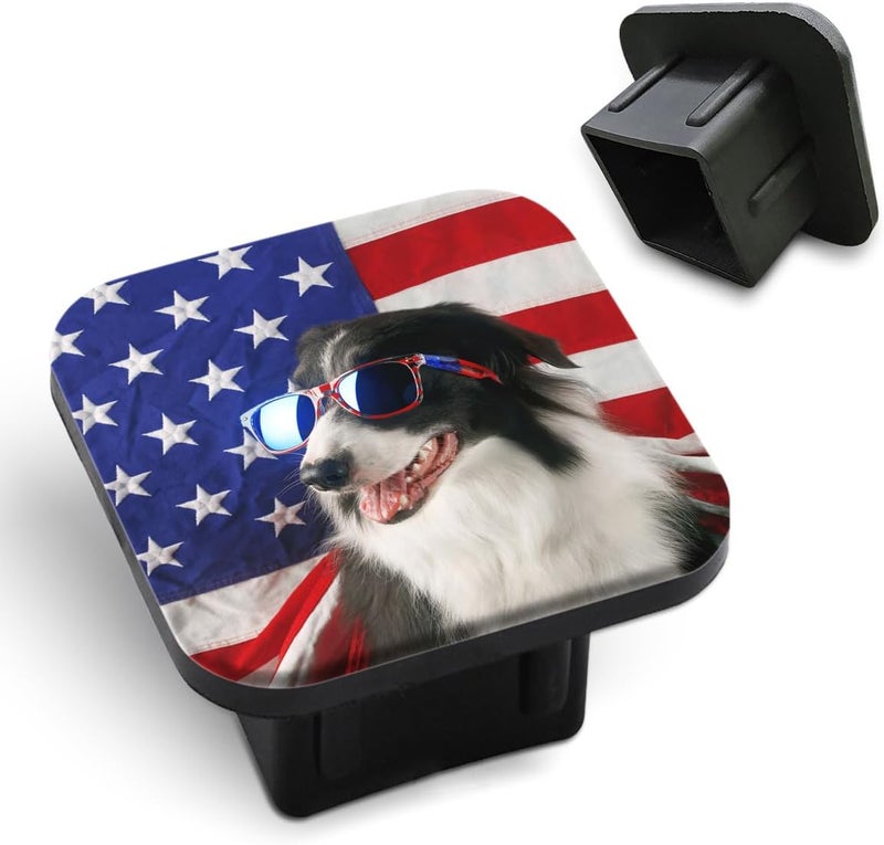Tnomchey Dog Hitch Covers Cute Border Collie Wear Sunglasses USA Flag Pet Patriotic Black Square Towing Hitch Covers 2” Heavy Duty Trailer Hitch Tube Cover Plug Cap Rubber For Most Vehicles SUV Pickup - Image 1